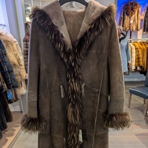 Brown Shearling Fur-Trimmed Coat